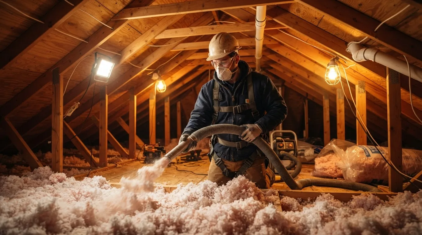 Professional installing blown-in insulation in a residential attic