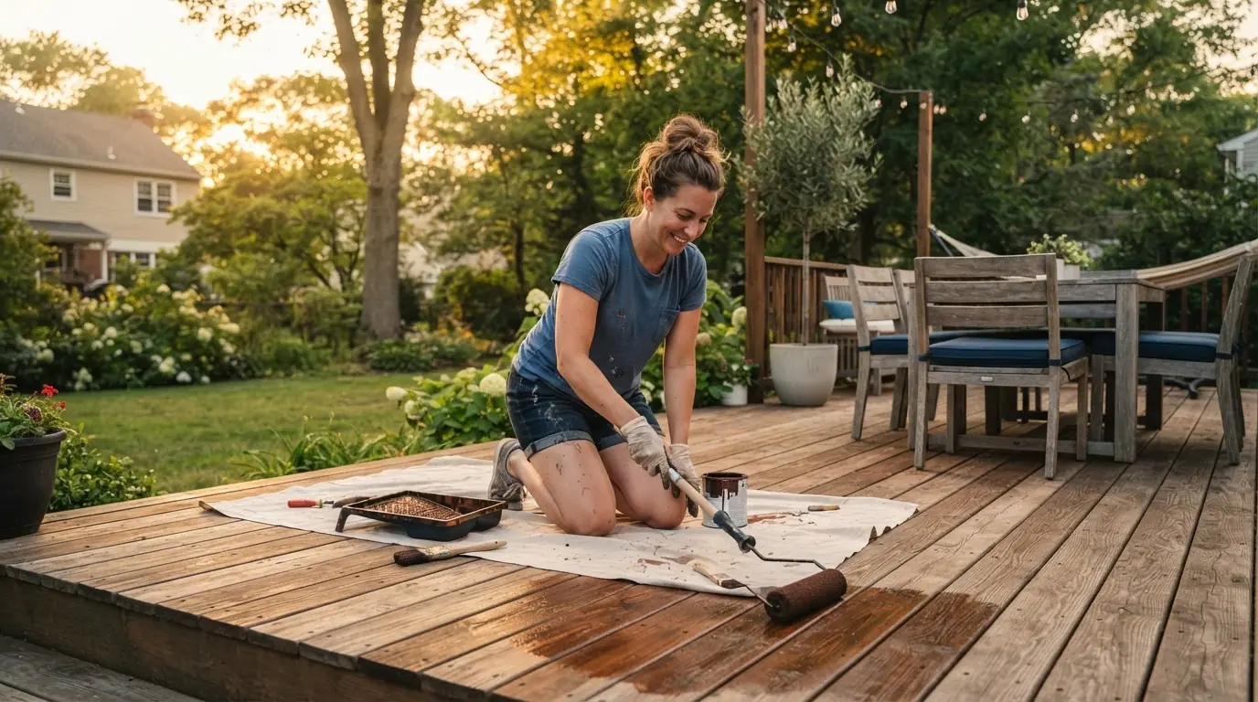 Homeowner staining a wooden deck on a sunny NJ backyard
