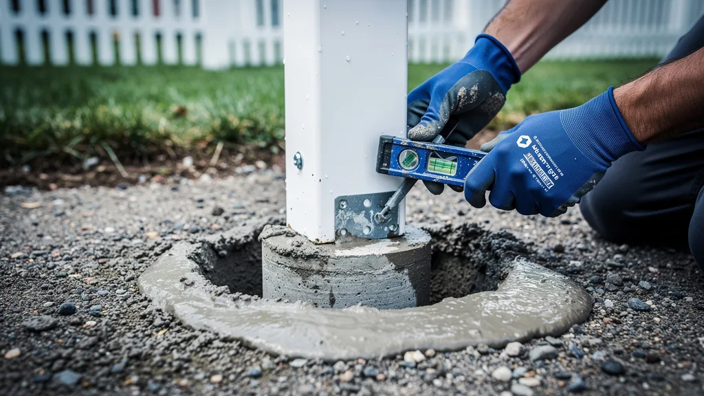 Vinyl fence post being secured in concrete footing in a NJ yard