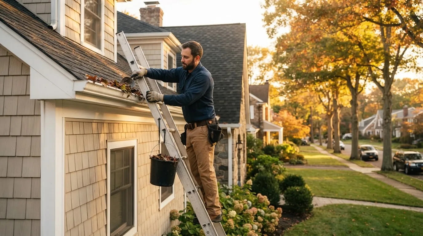 Professional cleaning gutters from a ladder on a NJ home in Oakhurst