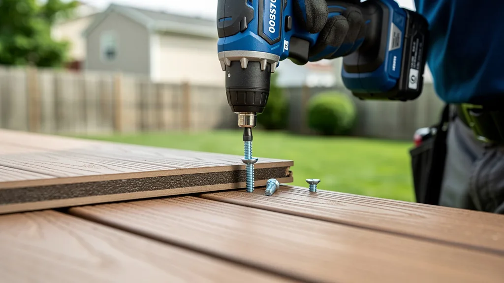 Composite deck boards being installed with a power screwdriver