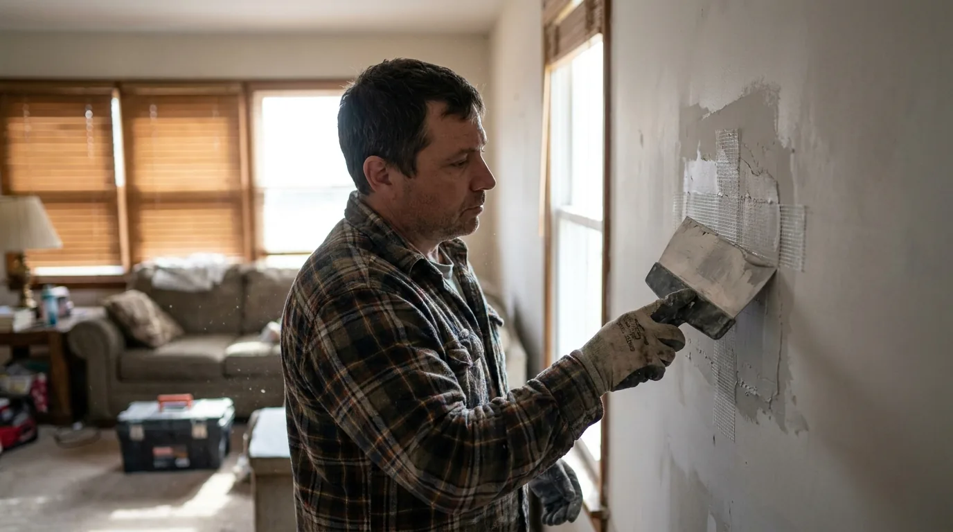 Handyman applying joint compound over mesh tape on a drywall patch