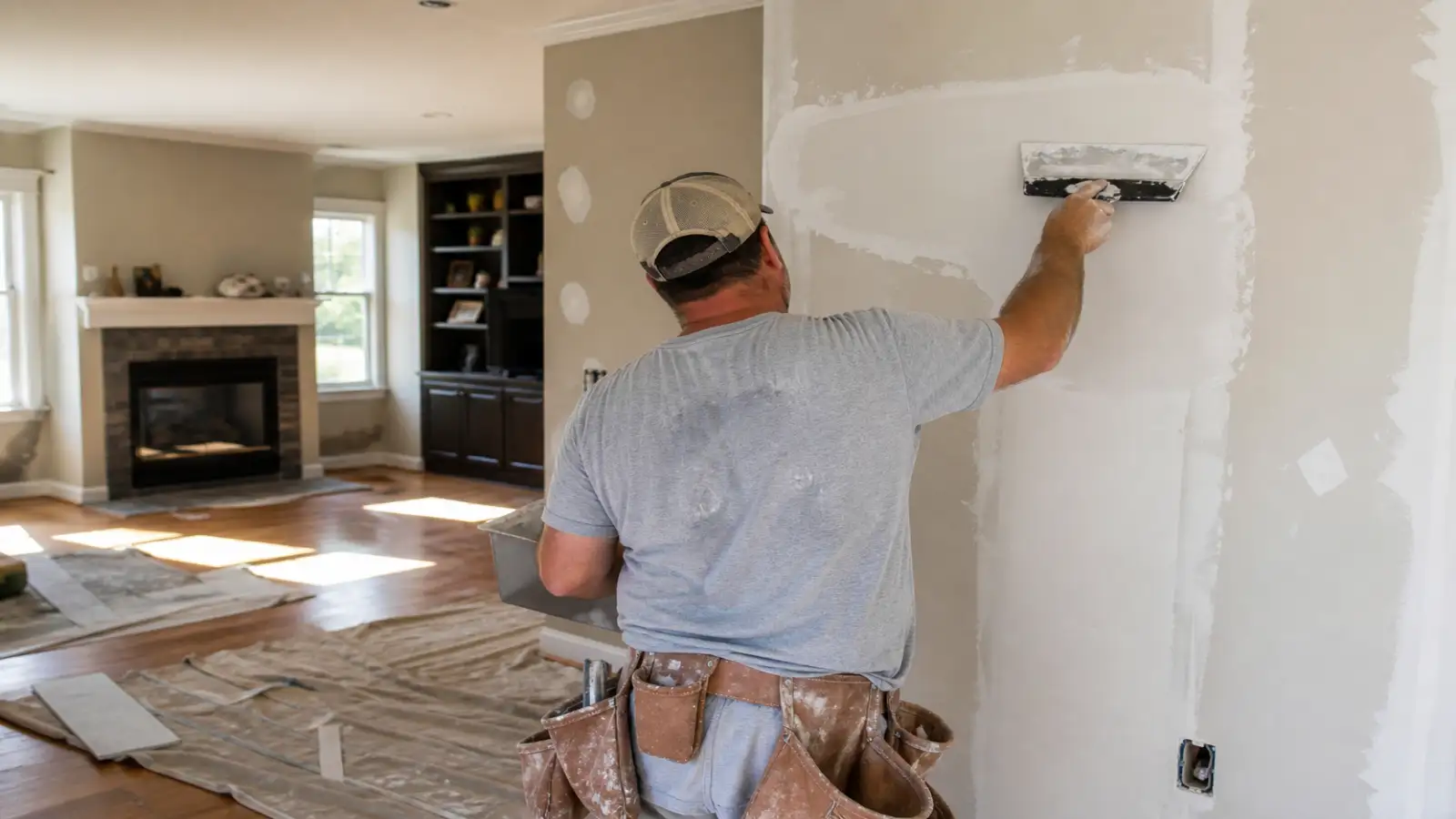 Handyman applying joint compound to a drywall patch, photographed from behind with no face visible