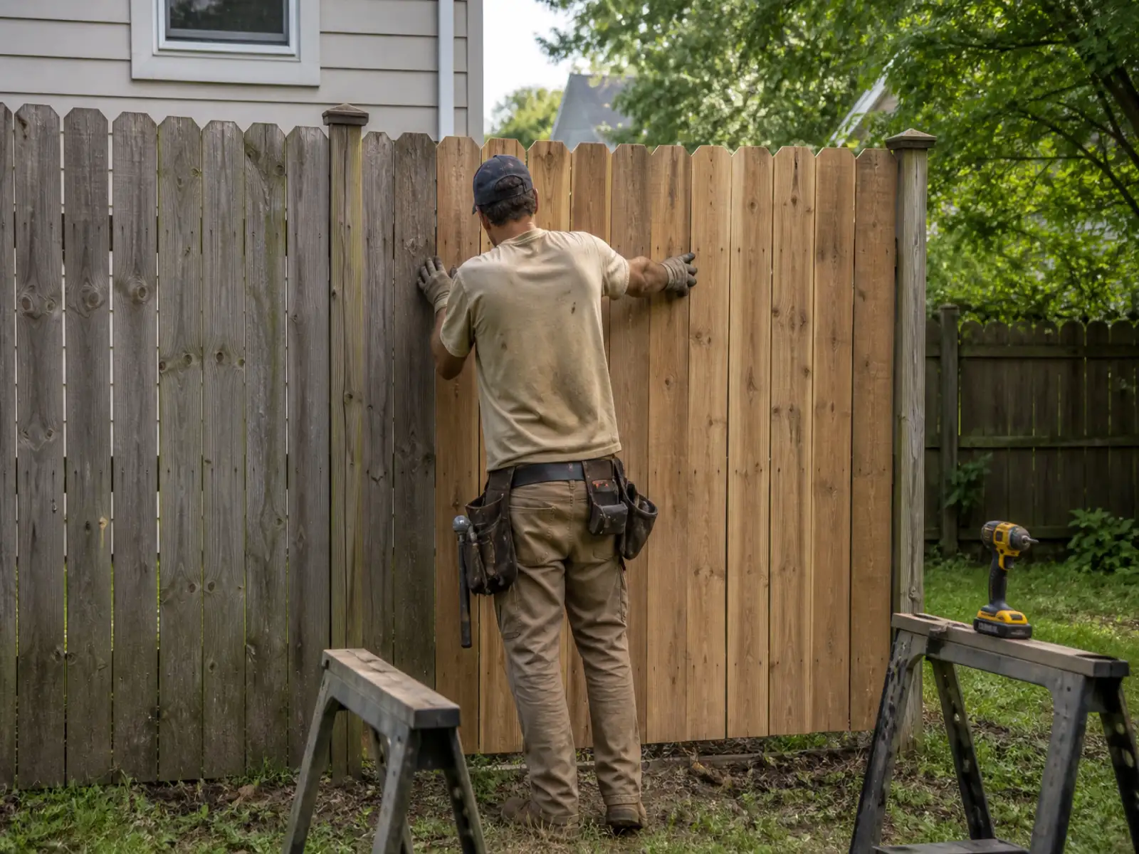 Handyman aligning a cedar privacy-fence panel in a backyard, photographed from behind