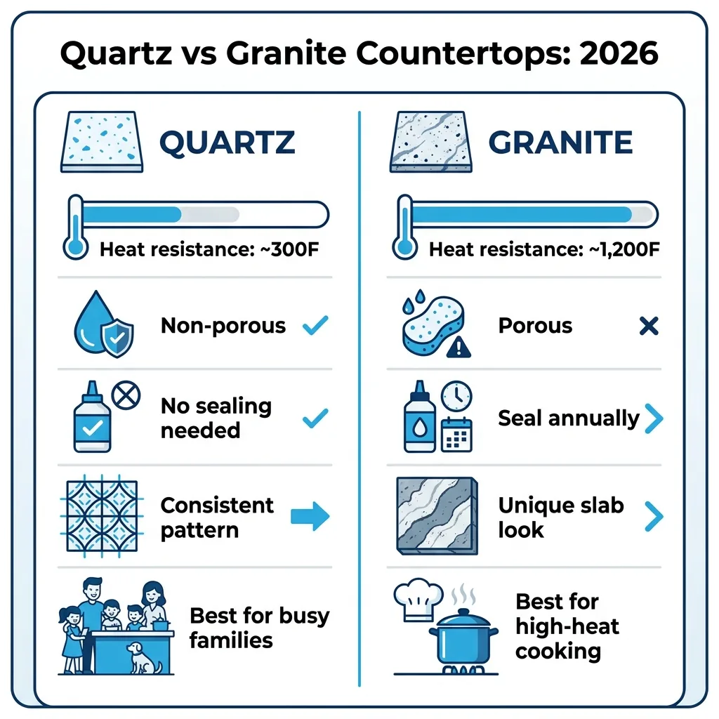 Infographic: quartz vs granite countertop comparison 2026