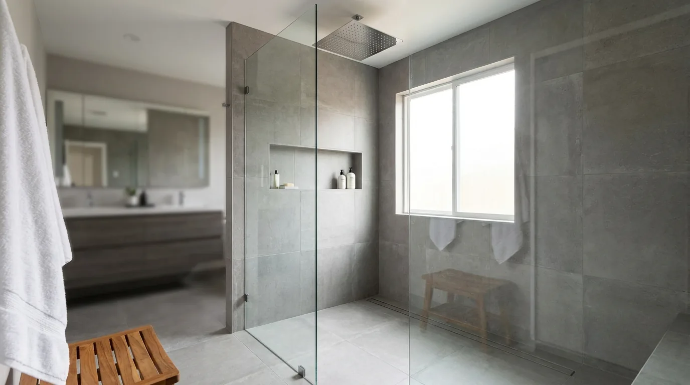 Modern walk-in tiled shower with frameless glass in a renovated NJ bathroom