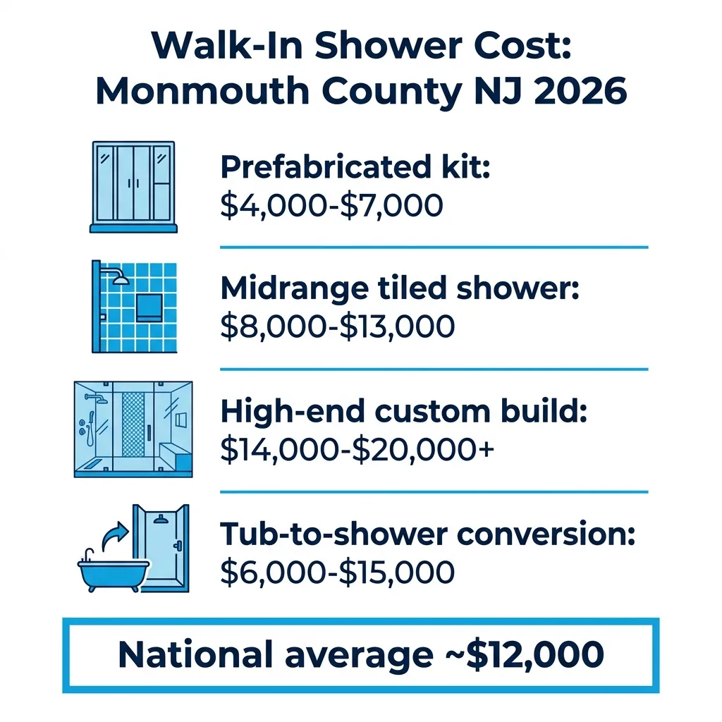 Infographic: walk-in shower installation cost by type, Monmouth County NJ 2026