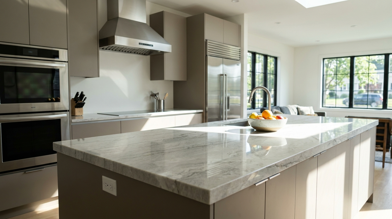 Modern NJ kitchen with a polished stone countertop island