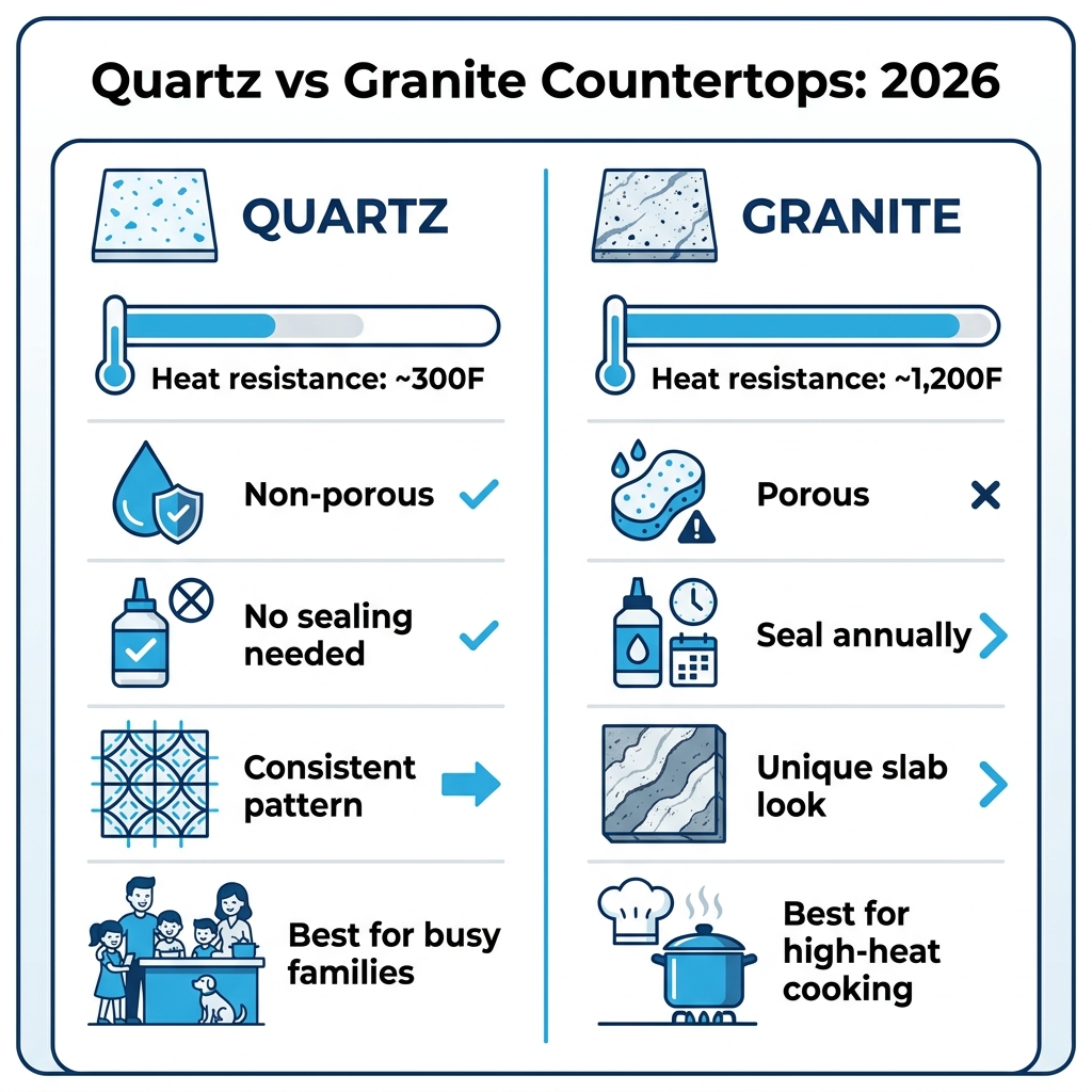 Infographic: quartz vs granite countertop comparison 2026