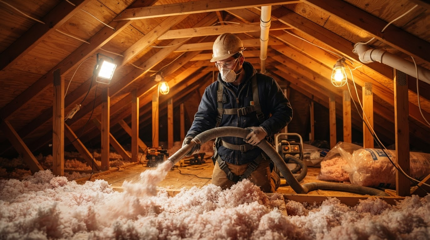 Professional installing blown-in insulation in a residential attic