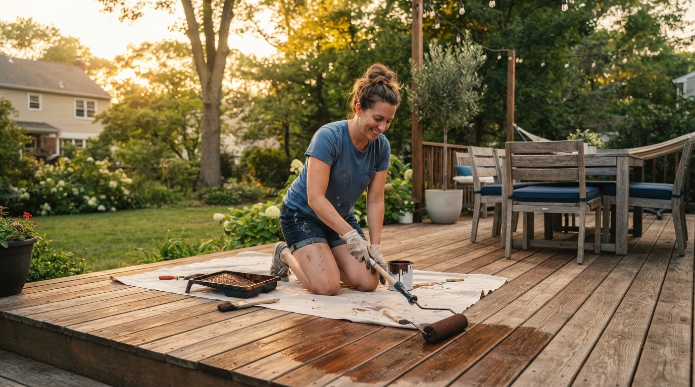 Homeowner staining a wooden deck on a sunny NJ backyard