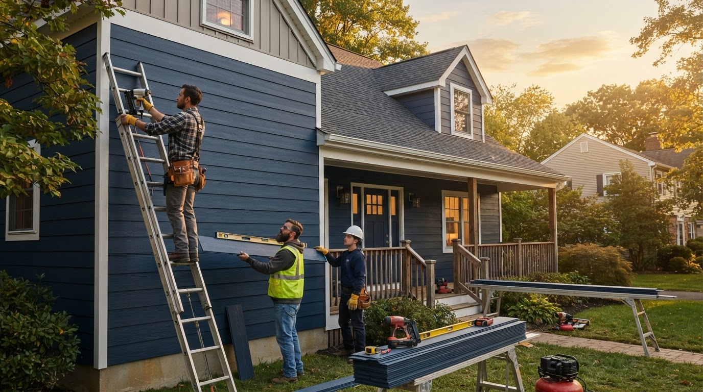 Crew installing new fiber cement siding on a NJ home exterior